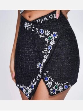 Beulah black tweed jewel wool blend mini skirt